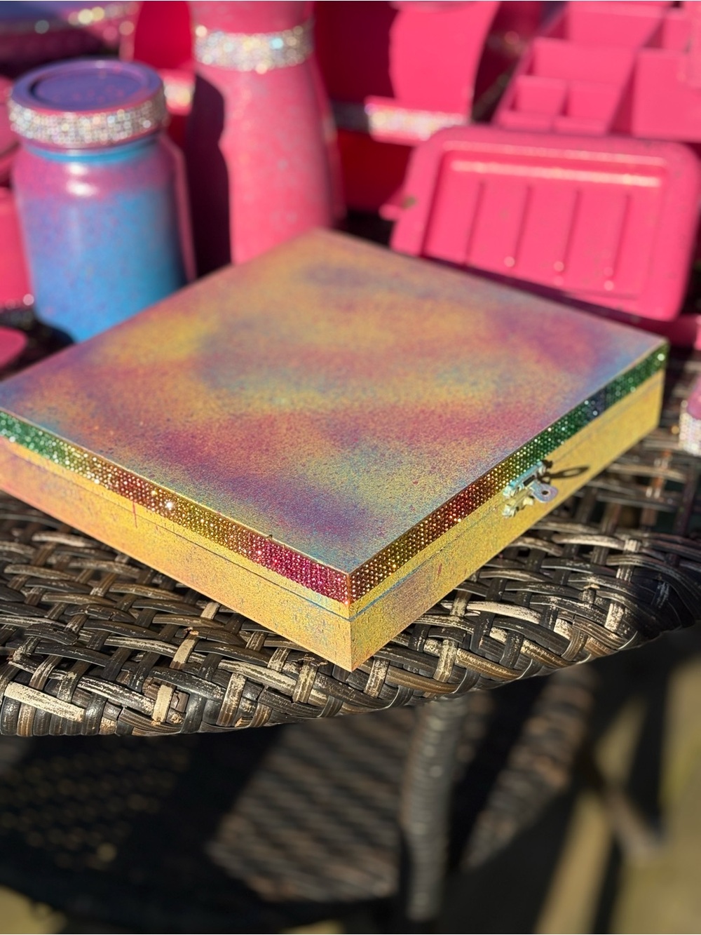 Rainbow Jewelry/Accessory Box-with Rainbow rhinestone trim! FREE gift!